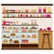 Pastry shop  cafe with lots of delicious sweets. Interior vector illustration set