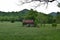Pasture view with barn, truck, and mountains
