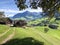 Pastures and meadows on the slopes over the Lake Lucerne or Vierwaldstaetersee lake Vierwaldstattersee and Alpnachersee Lake