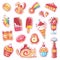 Patches of sweet strawberry dessert, cherry ice cream, positive happy animals faces and funny cartoon food vector fun