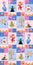 Patchwork for children. Festive background with a fairy, dragon, monkey, castle, teapot and cups, birds, butterflies, tree, town