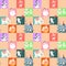 Patchwork for children. Vector animal seamless pattern with elephant, dragon, monkey, castle, crocodile, toys, and cake.