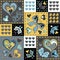Patchwork colorful with hearts and butterfly. Seamless pattern. Golden glittering elements. Scrapbooking series.