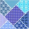 Patchwork decorative vector abstract tile in style stitched textile patches with different ornament in blue and white
