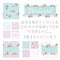 Patchwork girly decorative elements big set. Shabby chic textile font and seamless pattern collection. Different fabric pieces col