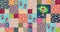 Patchwork pattern for baby. Beautiful monkeys, cheerful birds, cute apple tree and different vegetables