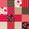 Patchwork pattern from floral, zigzag, striped, polka dot, checkered patches in red, gold, black and white colors in vector.