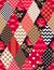 Patchwork pattern in red, gold, black and white colors. Polka dot, checkered, zigzag, floral patches in shape of rhombus.