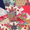 Patchwork pattern with roses, ornamental maple leaves, berries, polka dot prints.