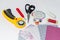 Patchwork quilting instruments, items and fabrics composition