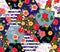 Patchwork seamless pattern with bright exotic flowers. Colorful tropical floral design