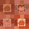 Patchwork seamless pattern. Different color palettes. Pumpkin, carrots, stripes, cage, flowers and peas. Ornaments in