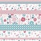 Patchwork seamless pattern from horizontal stripes with flowers and geometric ornaments. Cute vector design