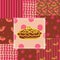 Patchwork seamless pattern. Pie, baked goods, cage, crochet and polka dots. Bon Appetit. Ornaments in bright colors