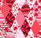 Patchwork seamless pattern from rhombus patches with floral and geometric ornament. Bright quilt design in red colors