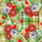 Patchwork tartan plaid seamless pattern. Striped floral background. Geometric repeat checks backdrop. 3d chamomile flowers, love