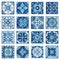 Patchwork tile in blue, gray and green colors. Vintage ceramic tiles vector illustration. Floor design texture set
