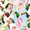 Patchwork tropical birds multicolor background