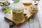 Pate from green olives in jar. Greece cuisine