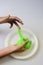 Pate slime elastic and viscous on child`s hand