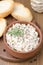 Pate of smoked fish with sour cream, dill, toasted bread, top view