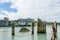 Patea River and industrial ruins, old freezing works building across Patea River