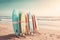 Patel surfboards on tropical beach. Retro colors toned image. Generative AI.