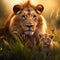 A paternal lion with its lion cub