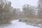 Path with bare trees covered in snow n the  winter marsh in the Flemish countryside