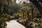 A path in botanical garden in Gran Canaria with various trees, cactus, bright flowers