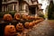 Path of Carved Pumpkins Leading to a Spooky Old House. AI