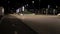 Path through city park at night with street lamps. Stock footage. Late evening alley in the park with street lights and