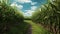 Path through corn field with blue cloudy sky