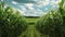 Path through corn field with blue cloudy sky