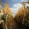 A path in a corn field in the fall. The end of the harvest. Corn as a dish of thanksgiving for the harvest