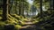 Path among the dense old forest in the early summer morning. Green moss covered the stones.