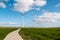 Path by the dike to the huge windmill park with huge turbines in the Netherlands Noordoostpolder, green energy wind mill