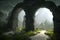 Path fantasy portal to alternative dimension in dense green misty enchanted forest. Tunnel to netherworld with growing