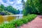 The path leading along large Ionian Sea lake in Sofiyivka Park, Uman, Ukraine