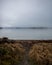Path leading to the ocean and beach, foggy fall scene on Cortes Island BC