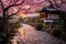 Path Leading to Pavilion With Pink Flowers