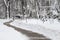 The path that leads to the fountain of a winter park covered with lots of snow