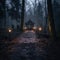 a path leads to a gazebo in the woods at night