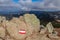 Path mark with Austrian flag painted on a rock in a scenic mountain landscape near Ladinger Spitz, Saualpe, Carinthia