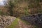 Path over medieval or older stone bridge. Winter. Lunigiana, Italy.Low angle view.