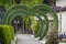 A path running through green arches in the shape of a heart