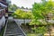 Path and steep stone steps, and trees, in summer. Eiheiji, Japan