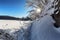 Path thru snow at plitvice lakes during winter, Croatia, Europe
