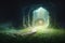 Path to alternative dimension in dense green foggy enchanted forest. Portal magic gate to netherworld with growing tree