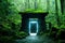 Path to alternative dimension in dense green misty enchanted forest. Neon glowing portal to netherworld with growing